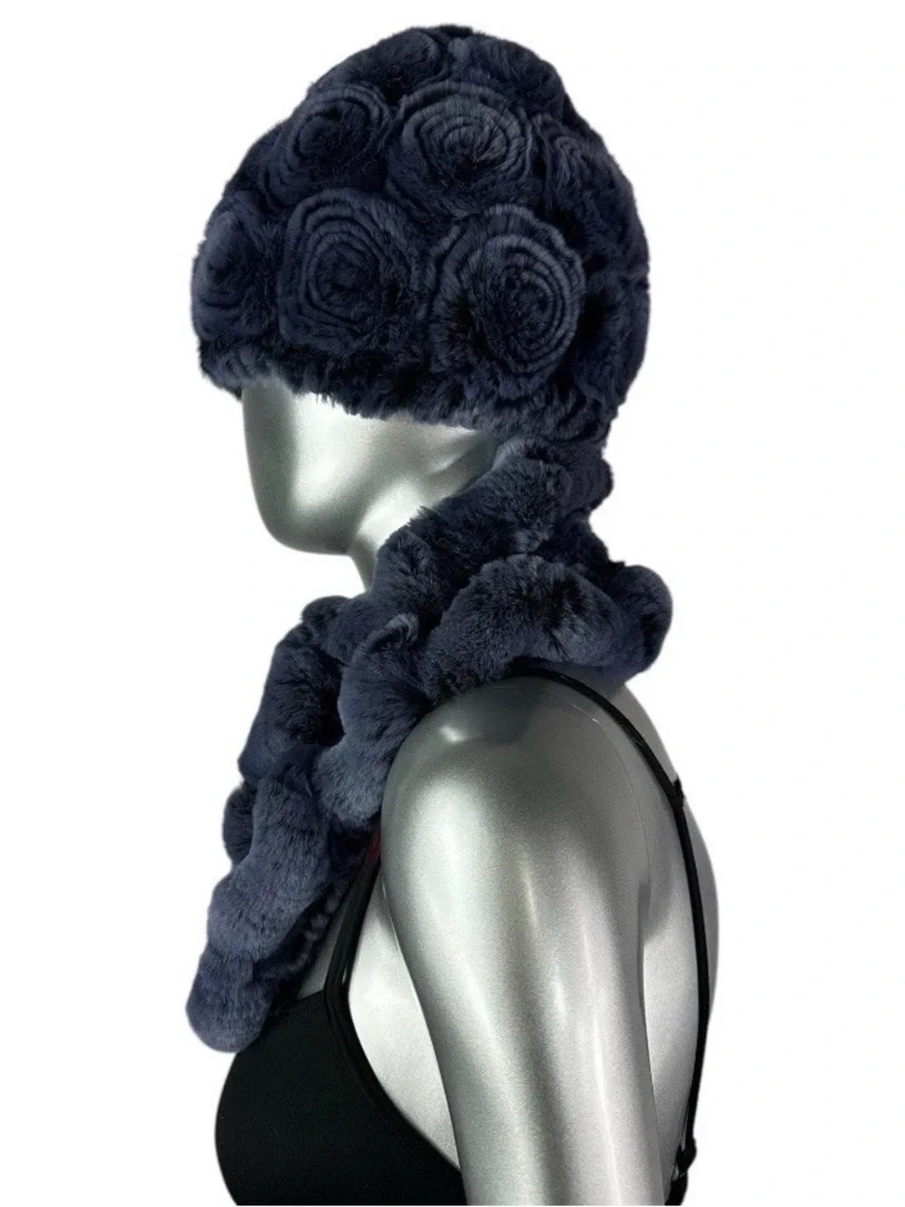 Blue REX RABBIT Hat & Scarf w/Rosettes,Sz 21”-23” Stretch, Certified Vintage Fur